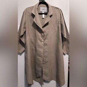 Cheyenne Lagenlook Beige 100% Linen Long Sleeve Button Duster Asymmetrical S/M